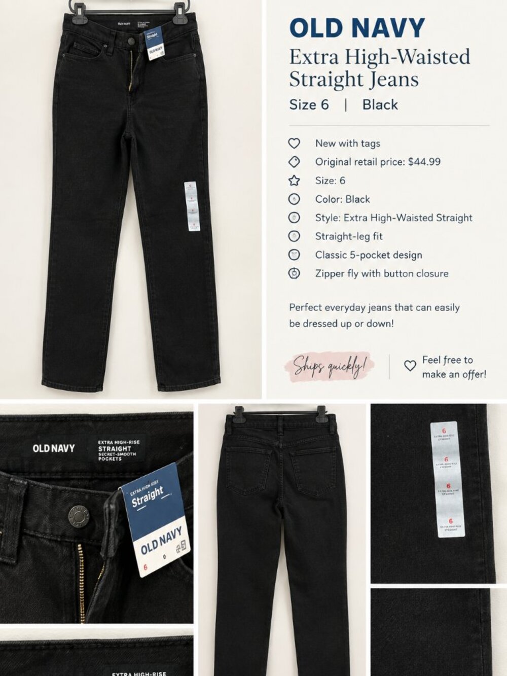 Old Navy Extra High-Waisted Straight Jeans Black Size 6 NWT